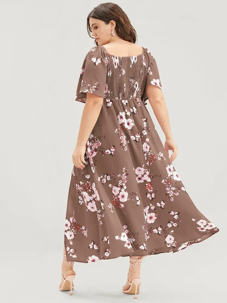 Floral Square Neck Ruffles Pocket Shirred Split Dress