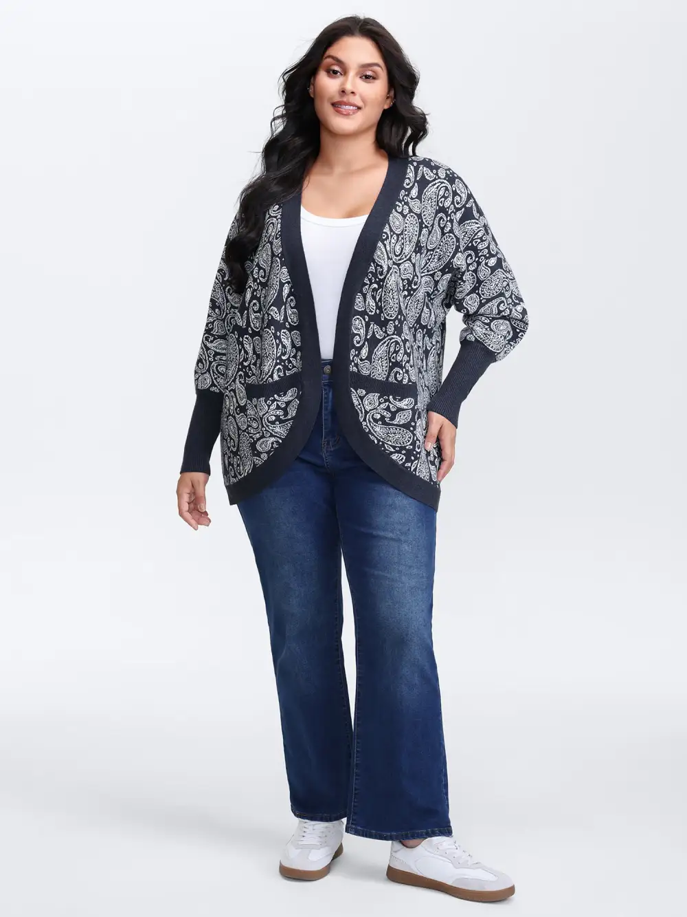 Supersoft Arc Hem Paisley Print Pocket Knit Cardigan