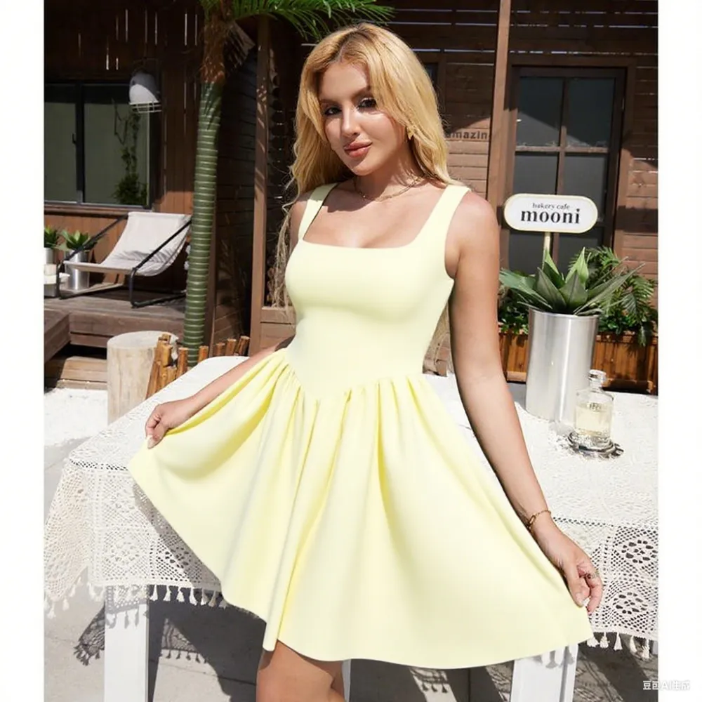 Women's Sleeveless A-Line Tank Dress – Square Neck, Ruffle Hem & Pockets for Summer