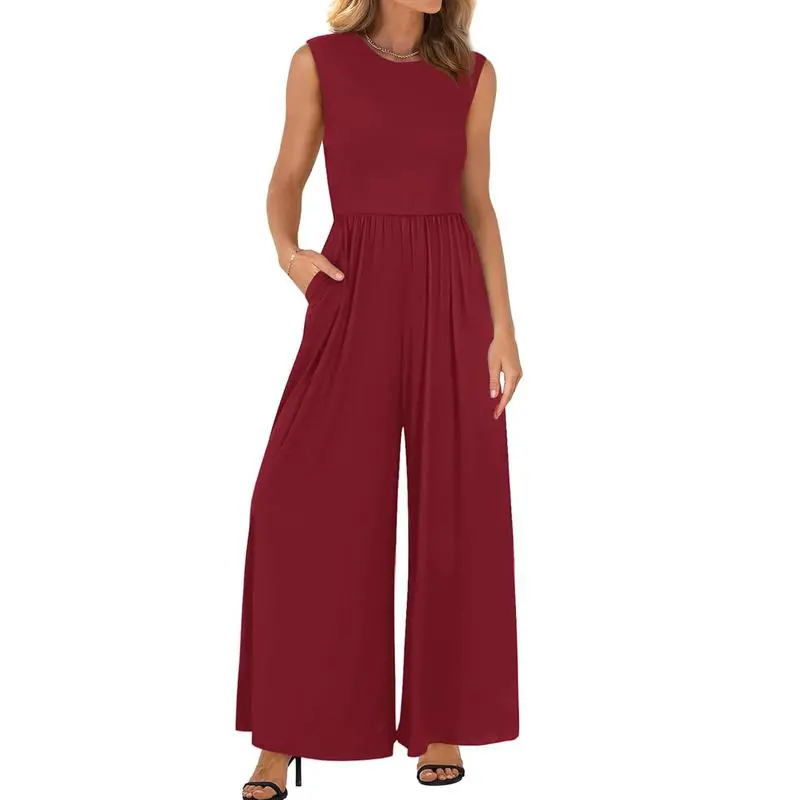 Women's Sleeveless Knit Jumpsuit – Wide Leg One-Piece Summer Outfit