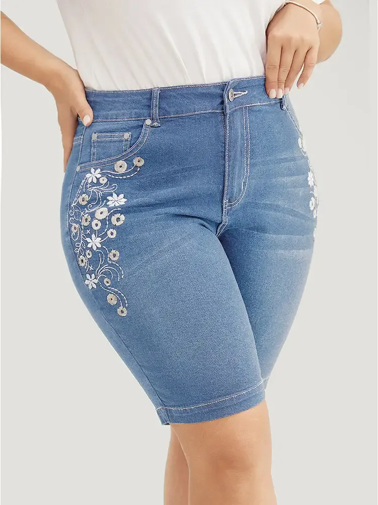 Very Stretchy High Rise Dark Wash Floral Embroidered Denim Shorts