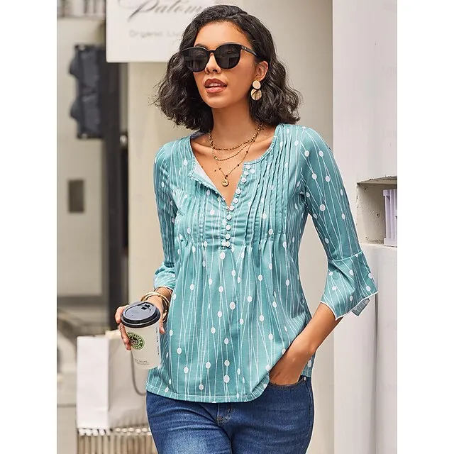 Women's Plus Size Shirt Tunic Henley Shirt Tunic Shirts Polka Dot Striped Print Flowing tunic Casual Daily Elegant Boho Long Sleeve V Neck Red Spring Fall