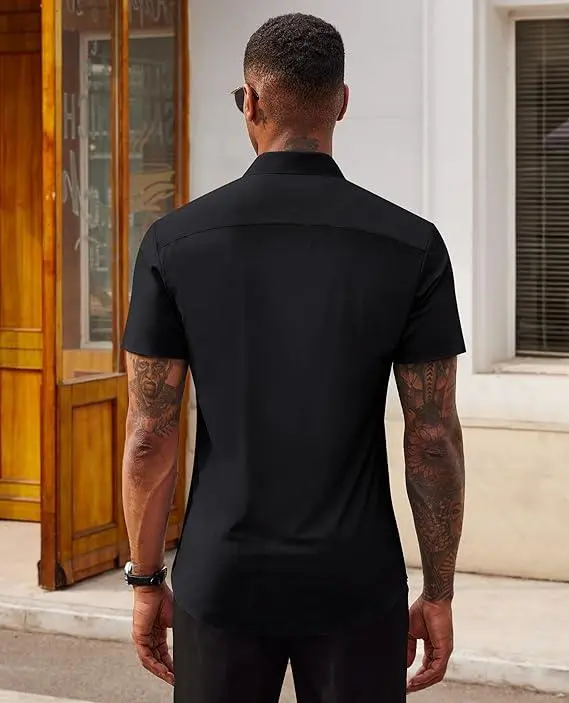 Stretch Dress Shirts for Men Short Sleeve Slim Fit Casual Button Down Shirts Muscle Fit Men's Dress Shirts