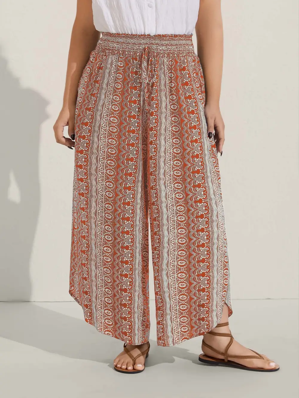 Boho Print Shirred Waist Wide-Leg Pants
