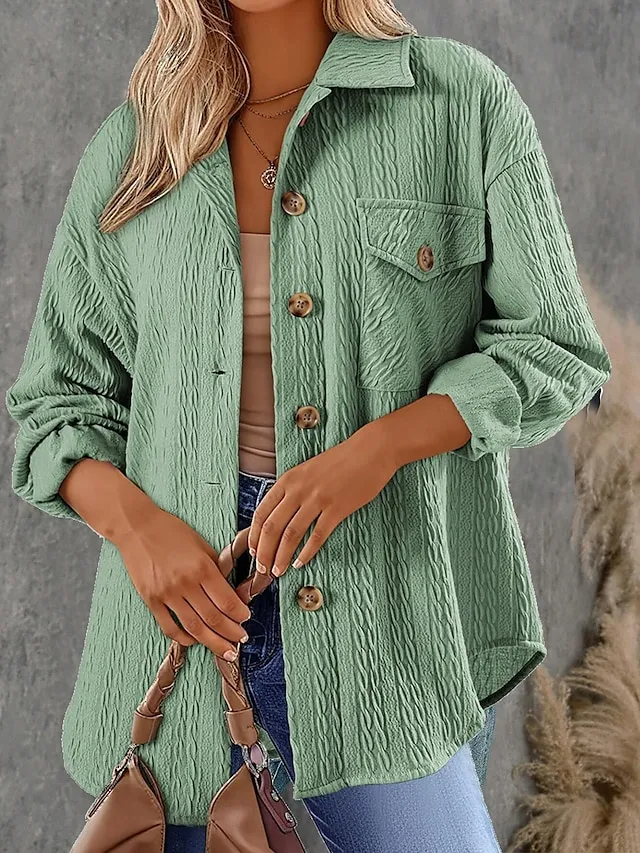 Women's Vacation Button Solid Color Breathable Fashion Loose Fit Outerwear Long Sleeve Spring