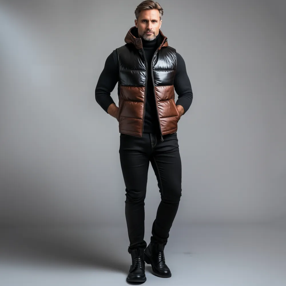 Men's PU Leather Color Block Slant Pocket Hooded Cotton-Padded Vest