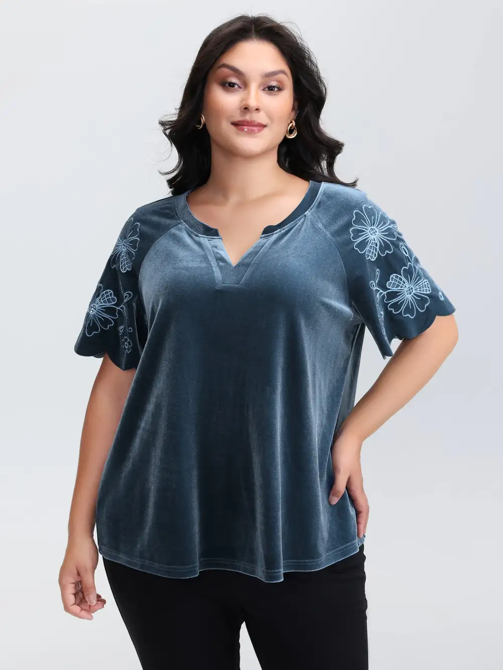 Velvet Embroidered Mesh Sleeve Stretchy Blouse