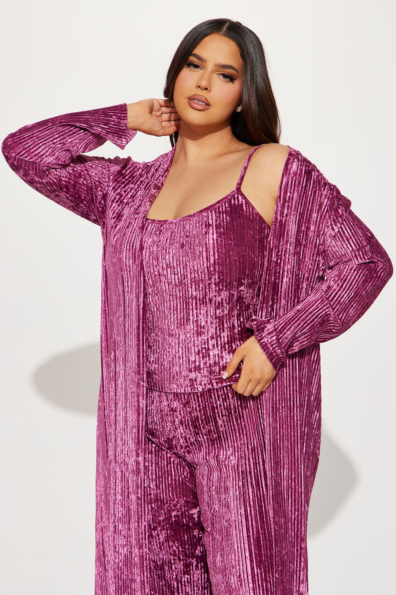 Carrie 3 Piece Velvet Plisse Pant Set - Plum