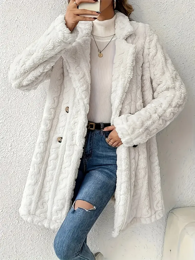 Double Breasted Lapel Teddy Coat, Versatile Long Sleeve Textured Thermal Winter Outerwear