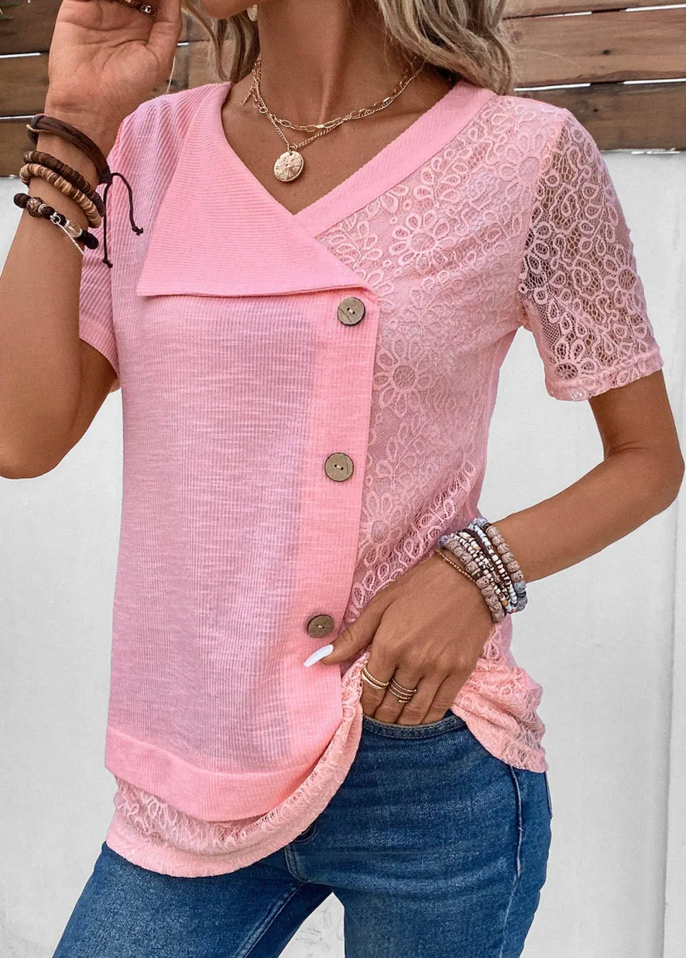 Patchwork Floral Print V Neck T Shirt