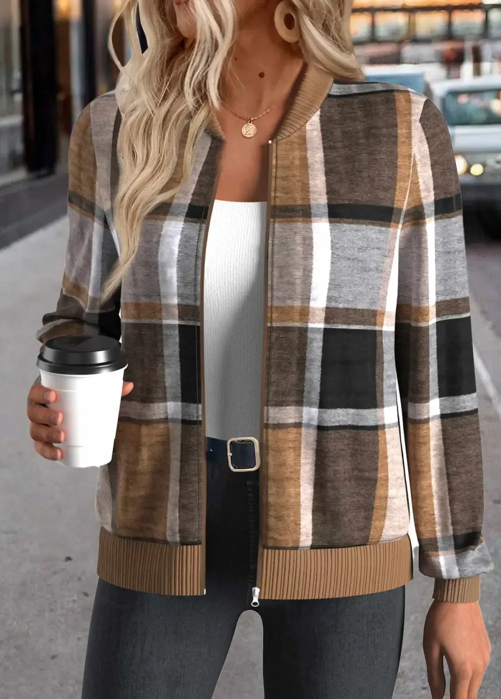 Dark Coffee Zipper Plaid Long Sleeve Stand Collar Jacket