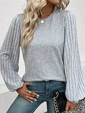 Women's Texture Blouse T Shirt Tee Top Plain Fashion Modern Long Sleeve Crew Neck Regular Tops Daily Going out Patchwork Gray Spring Fall