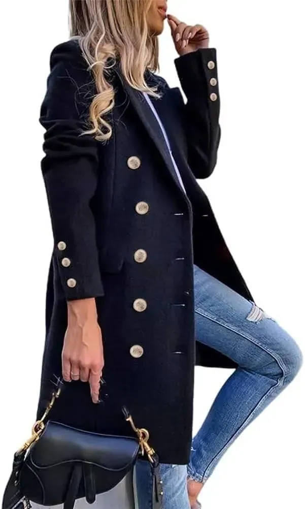 Womens Fall Winter Wool Coats Double Breasted Midi Peacoat Trench Coats