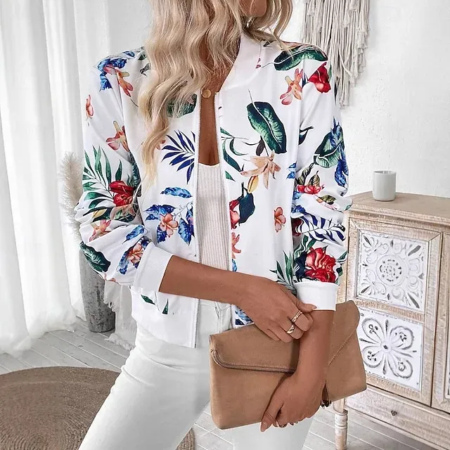 Women's Casual Jacket Comfortable Zipper Fashion Daily Modern Floral School Outdoor Vacation Home Regular Baseball Collar Regular Fit Long Sleeve Outerwear White Spring Fall