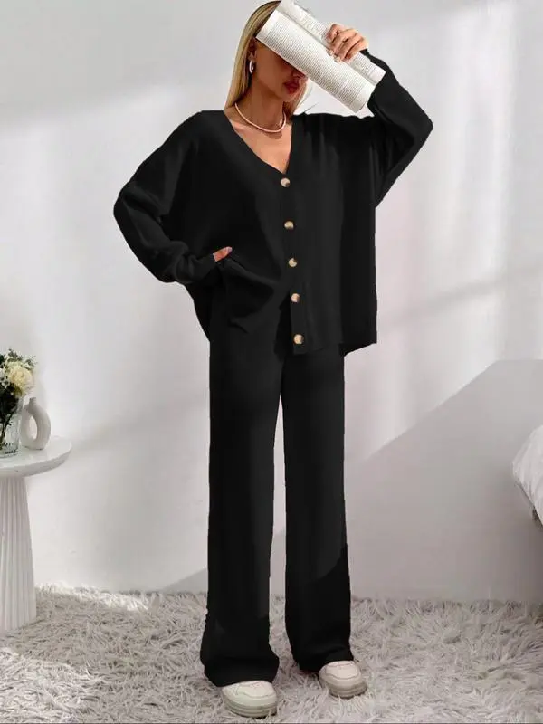 Women's V-Neck Button Cardigan & Wide-Leg Pants Set