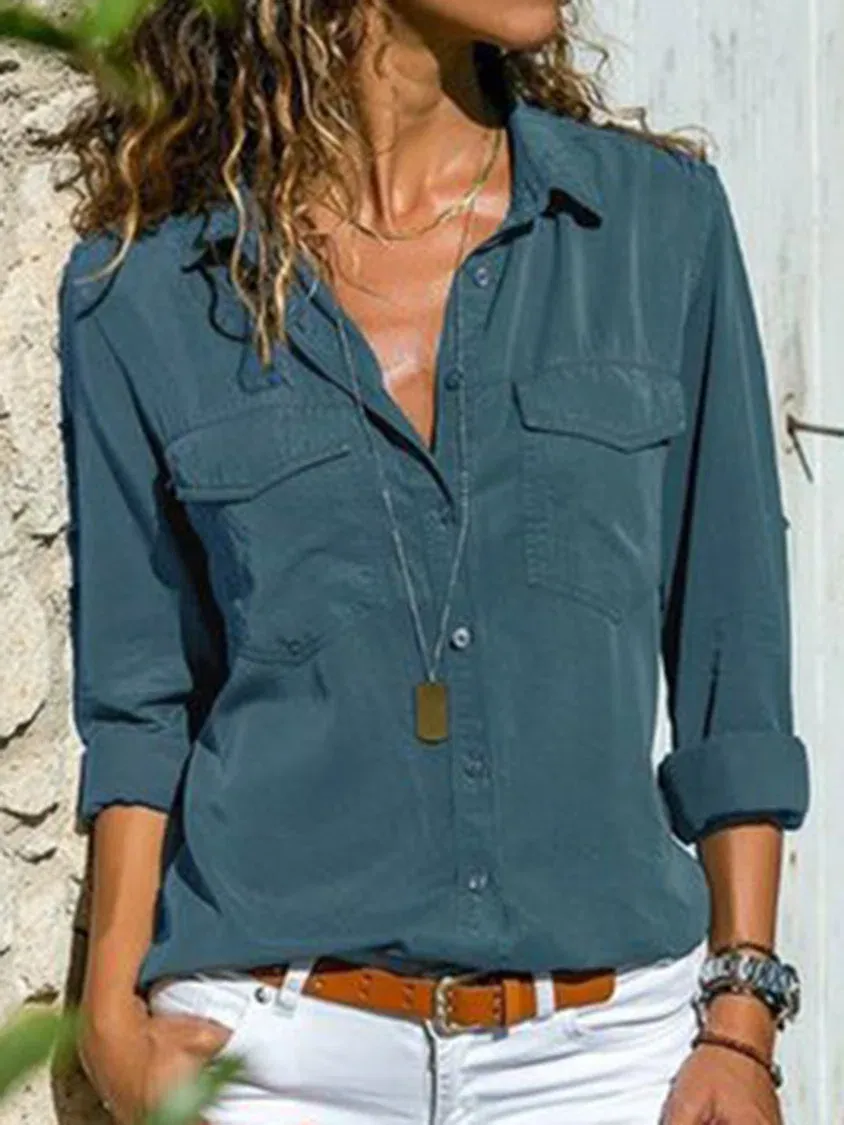 Plain Buttoned Pockets Casual Long Sleeve Shirt