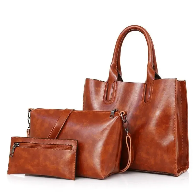 Women's new retro three-piece fashion oil wax leather large-capacity handbag
