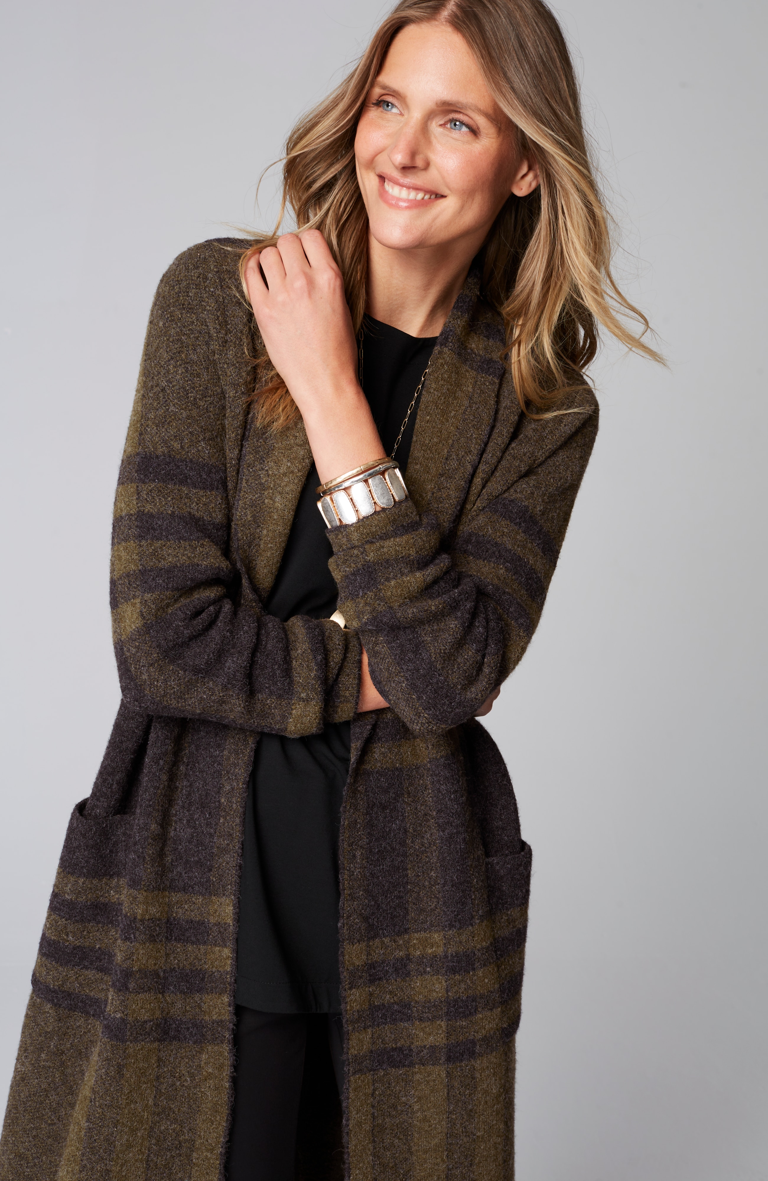 Wearever Shawl-Collar Plaid Sweater Coat