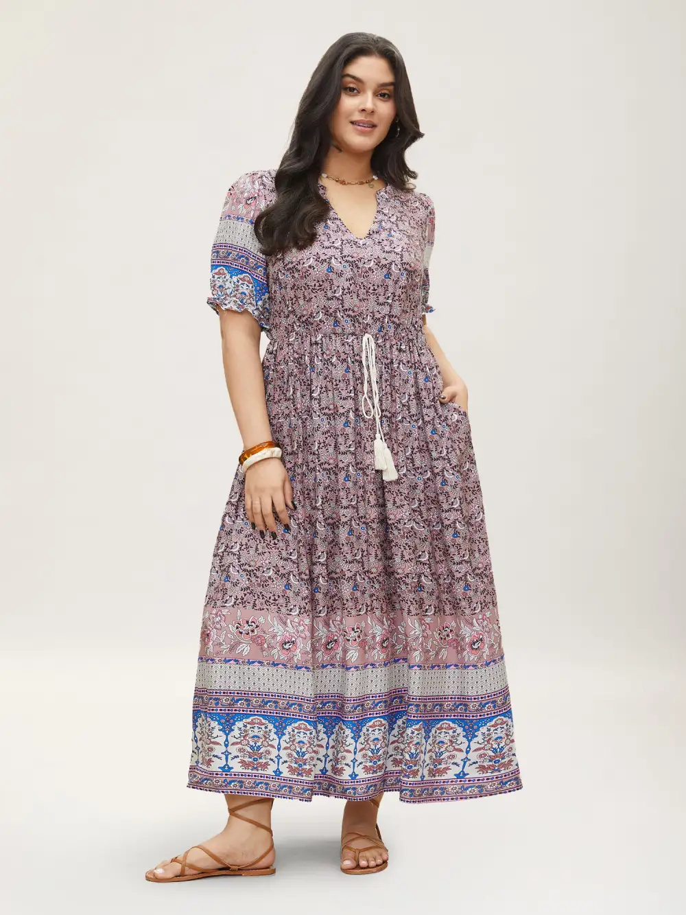 Boho Print Notched Ties Tassel Trim Dress