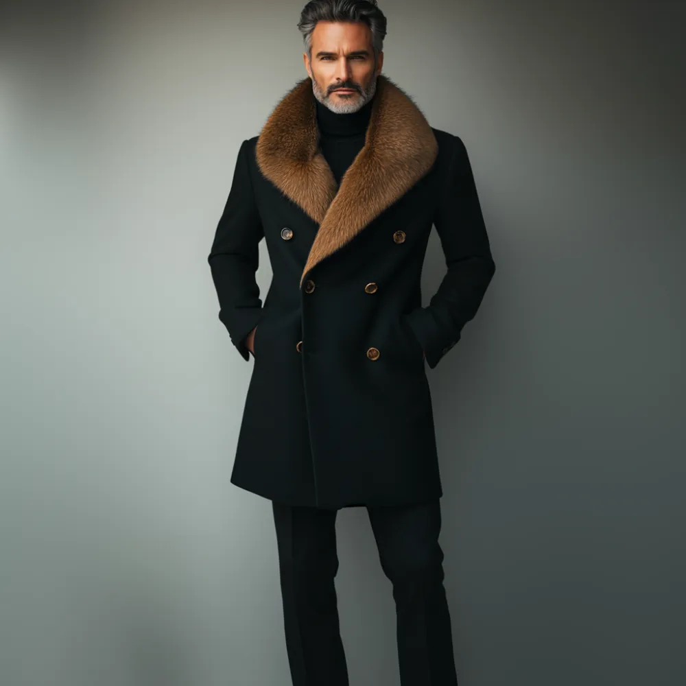 Men's Business Fluffy Lapel Double Breasted Pocket Overcoat