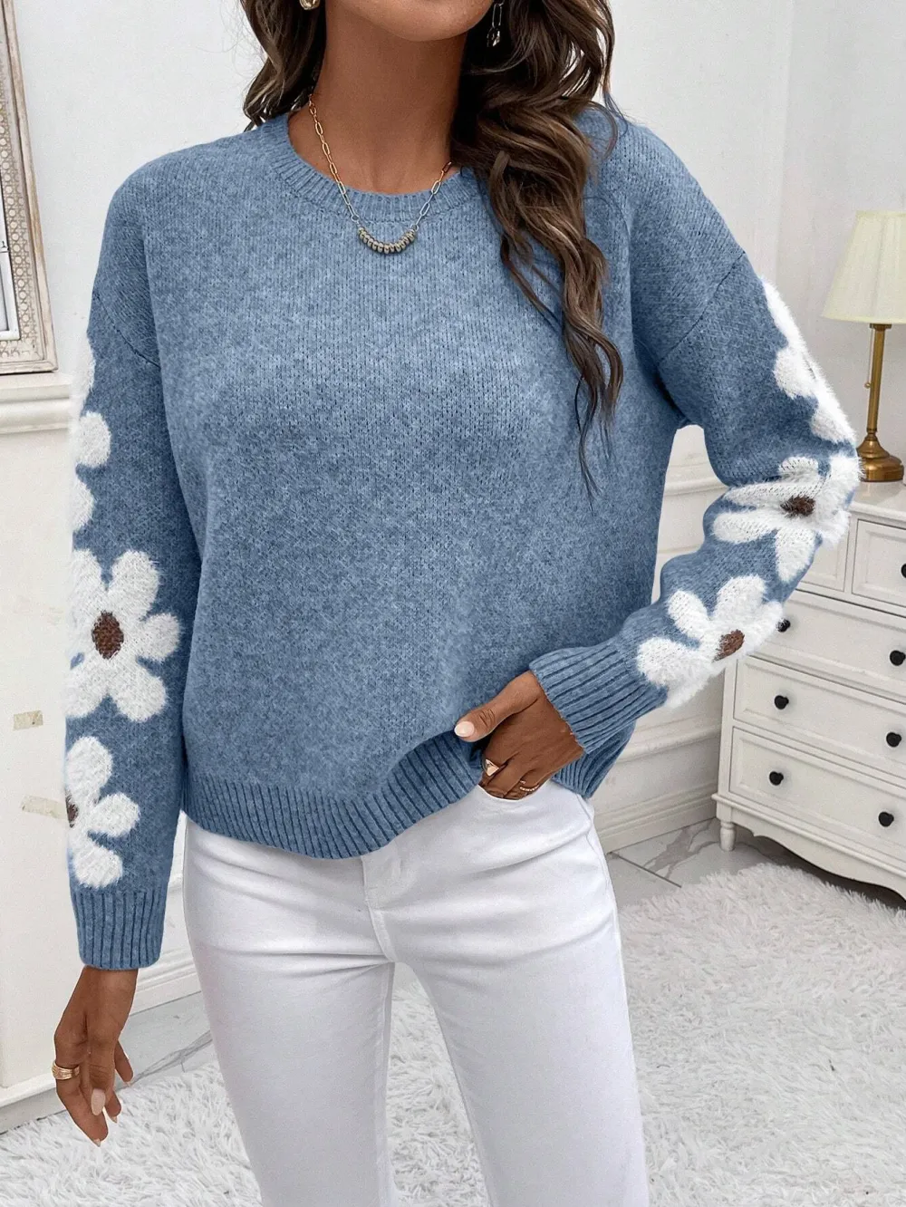 Essnce Floral Pattern Drop Shoulder Sweater