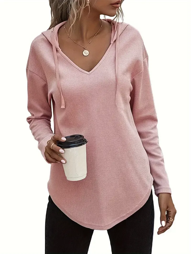 Elegant Beige Hanky Hem V-Neck Hoodie for Women