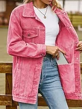 Women's Denim Jacket Outdoor Street Daily Wear Fall Winter Regular Coat Regular Fit Thermal Warm Breathable Stylish Casual Jacket Long Sleeve Solid Color with Pockets Light Blue Black Pink