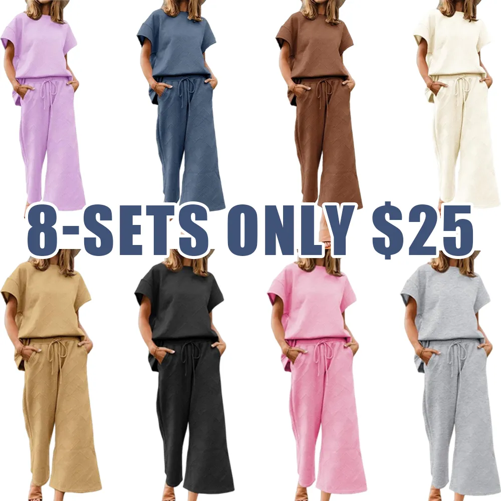 Women's 2-Piece Knit Loungewear Set – Short Sleeve Top & Cropped Wide Leg Pants