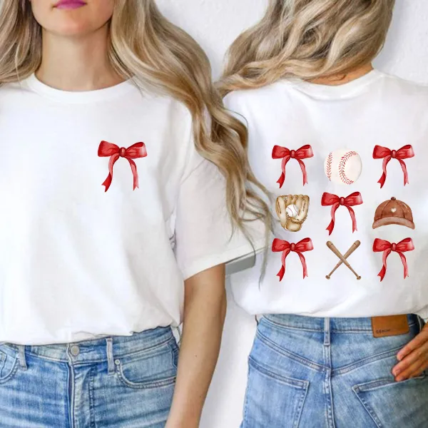 A Casual T-Shirt With A Red Bow, Baseball, Baseball Gloves, Baseball Cap And Crossed Baseball Bats.