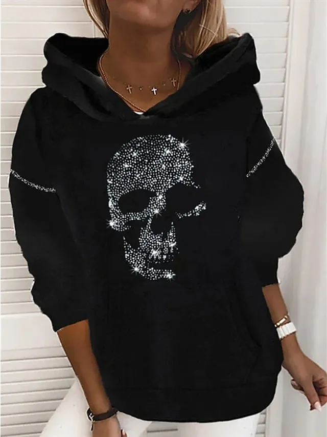 Women's Pullover Hoodie Sweatshirt Pullover Skull Sparkly Stars Print Casual Weekend 3D Print Active Streetwear Clothing Apparel Hoodies Sweatshirts  White Black