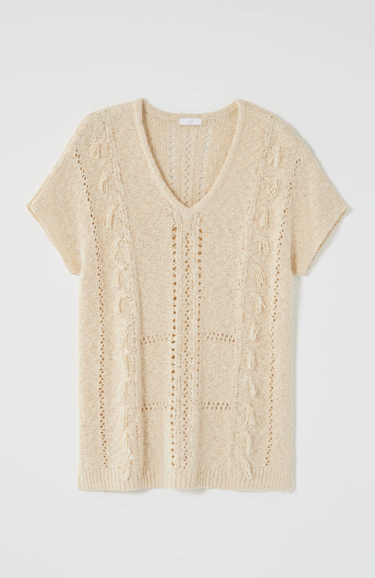Fringed Open-Texture Short-Sleeve Sweater