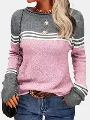 Color Block Boat Neck Knitted Top, Casual Long Sleeve Pullover Sweater For Fall & Winter, Women's Clothing