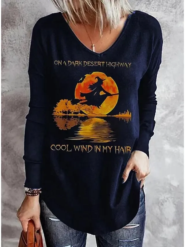 Women's T shirt Tee Tunic Black Blue Green Letter Ghost Print Long Sleeve Halloween Basic V Neck Regular Loose Fit S