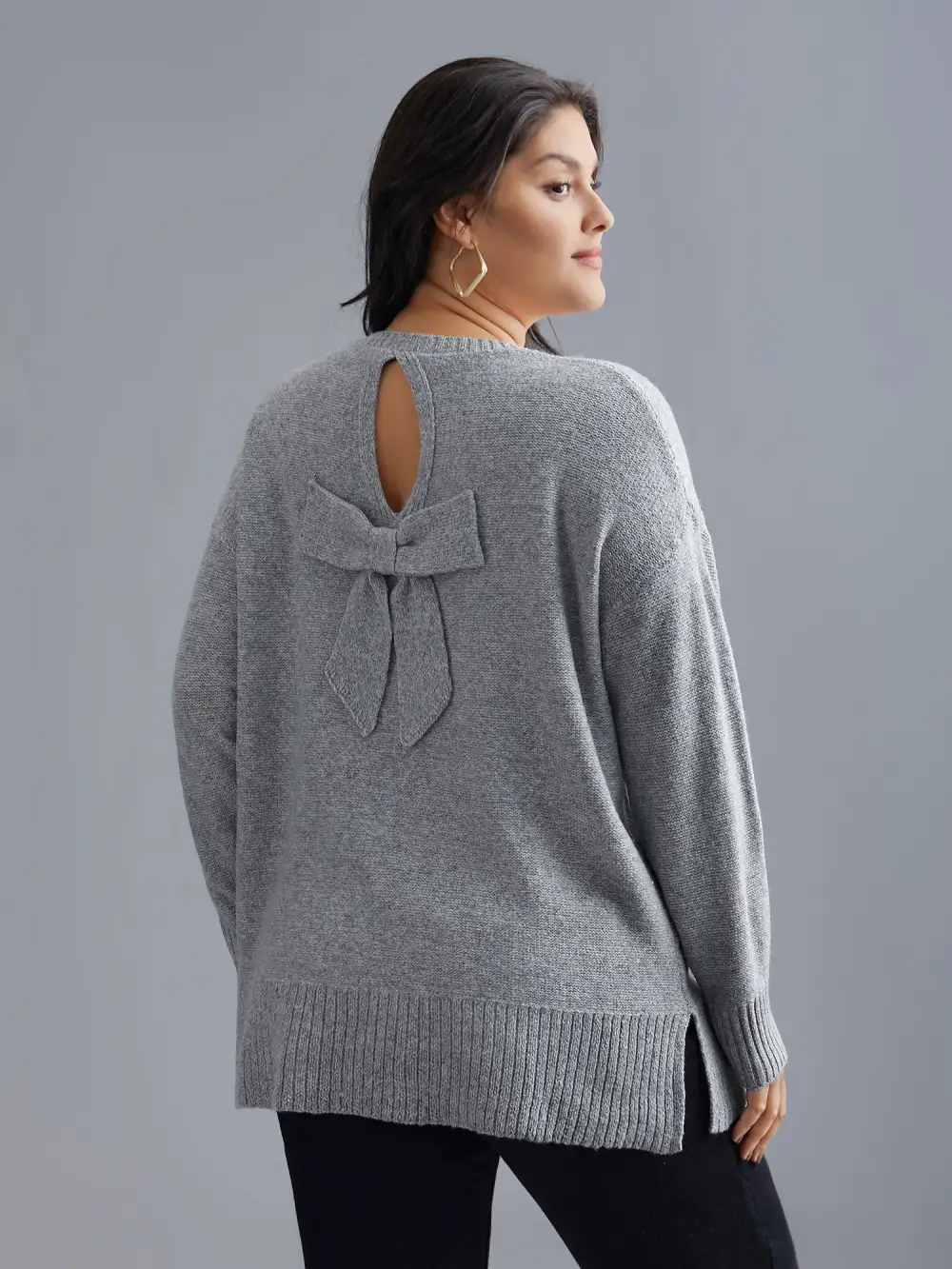 Texture Bowknot Cut Out Slit Hem Pullover