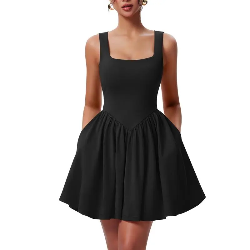 Women's Summer Sleeveless Square Neck A-line Ruffle Hem Mini Tank Dress With Pockets