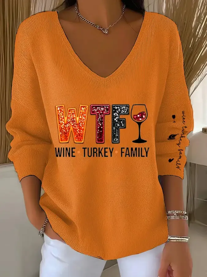 Women's Thanksgiving Turkey Family Print Sweater
