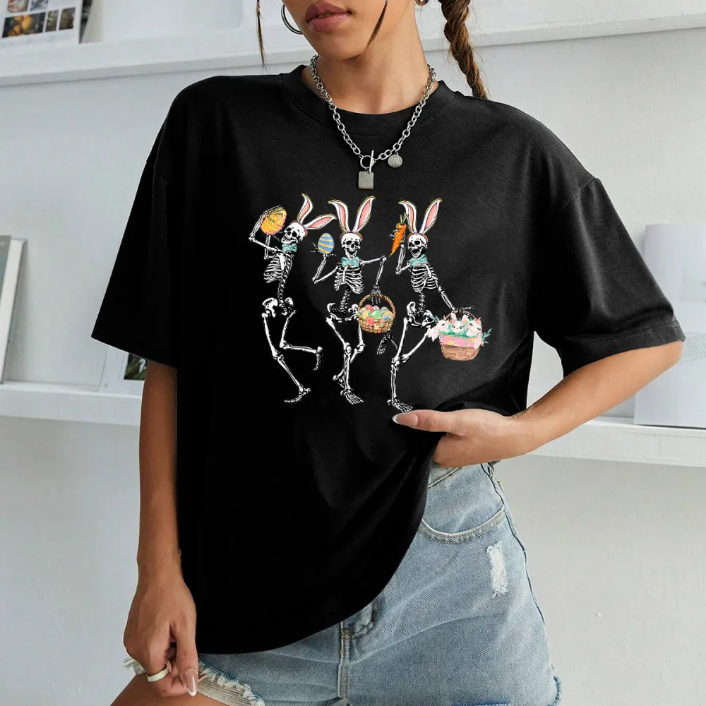 Happy Easter With Skull Printed Round Neck Short Sleeve T-Shirt