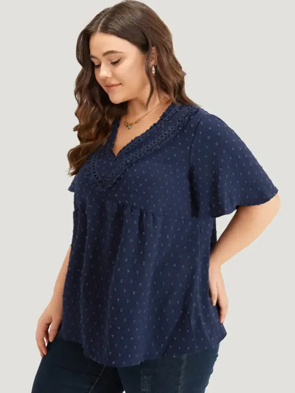 Polka Dot Frill Trim V Neck Flutter Blouse