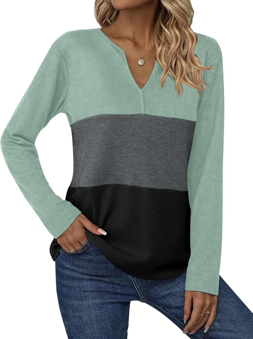 Women's Waffle Shirts V Neck Long Sleeve Tops Color Block T-Shirts Casual Tunics 2024 Fashion Basic Tees