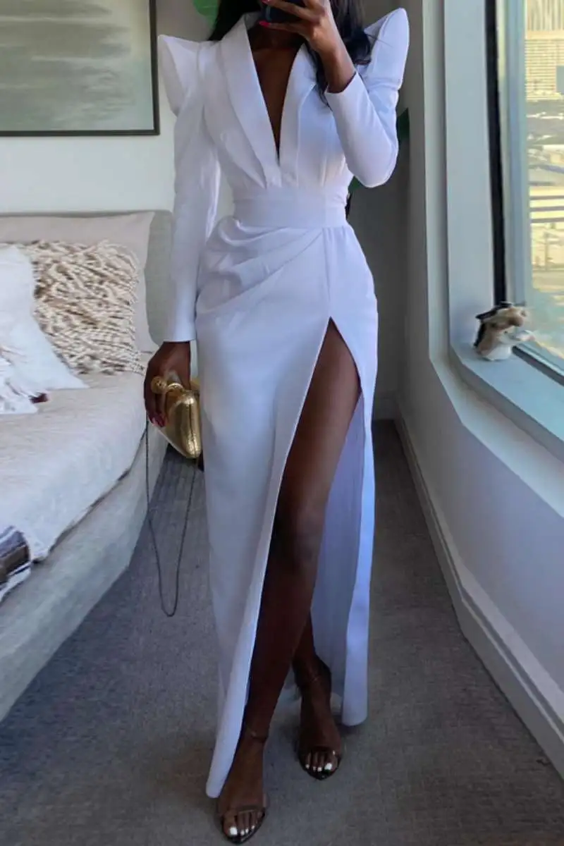 Casual Solid Patchwork Slit V Neck Long Sleeve Dresses