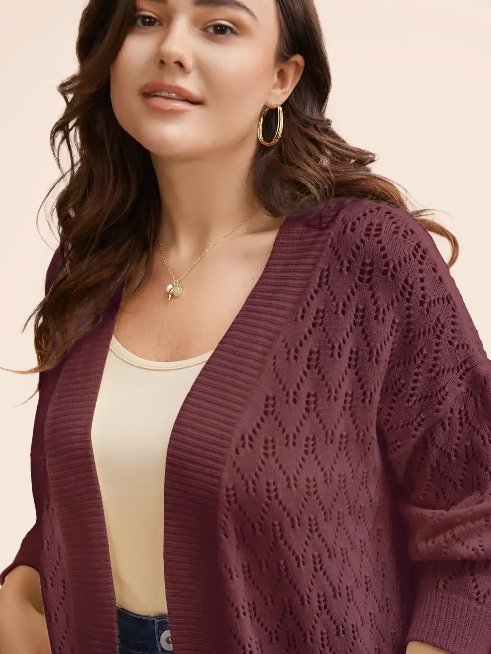 Kimono Collar Patch Pocket Pointelle Knit Cardigan