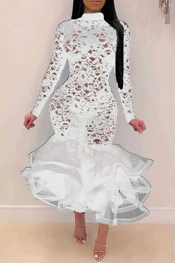Floral Lace Elegant See-Through Midi Dress