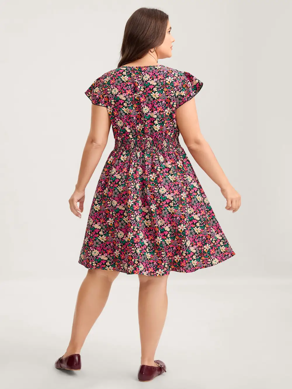 Floral Print Shirred Waist Ruffled Midi Dress