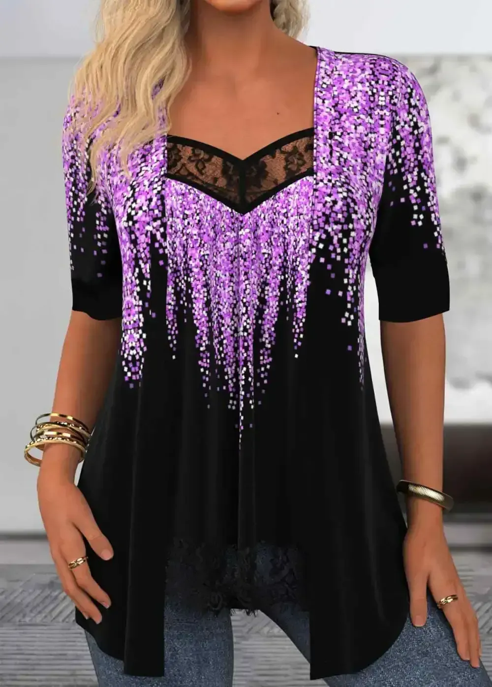 Purple Geometric Print Half Sleeve Fake Two Piece Twinset