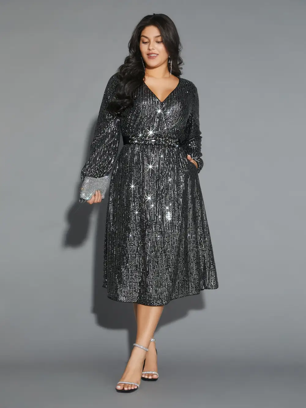 Solid Pocket Lantern Sleeve Wrap Sequin Dress