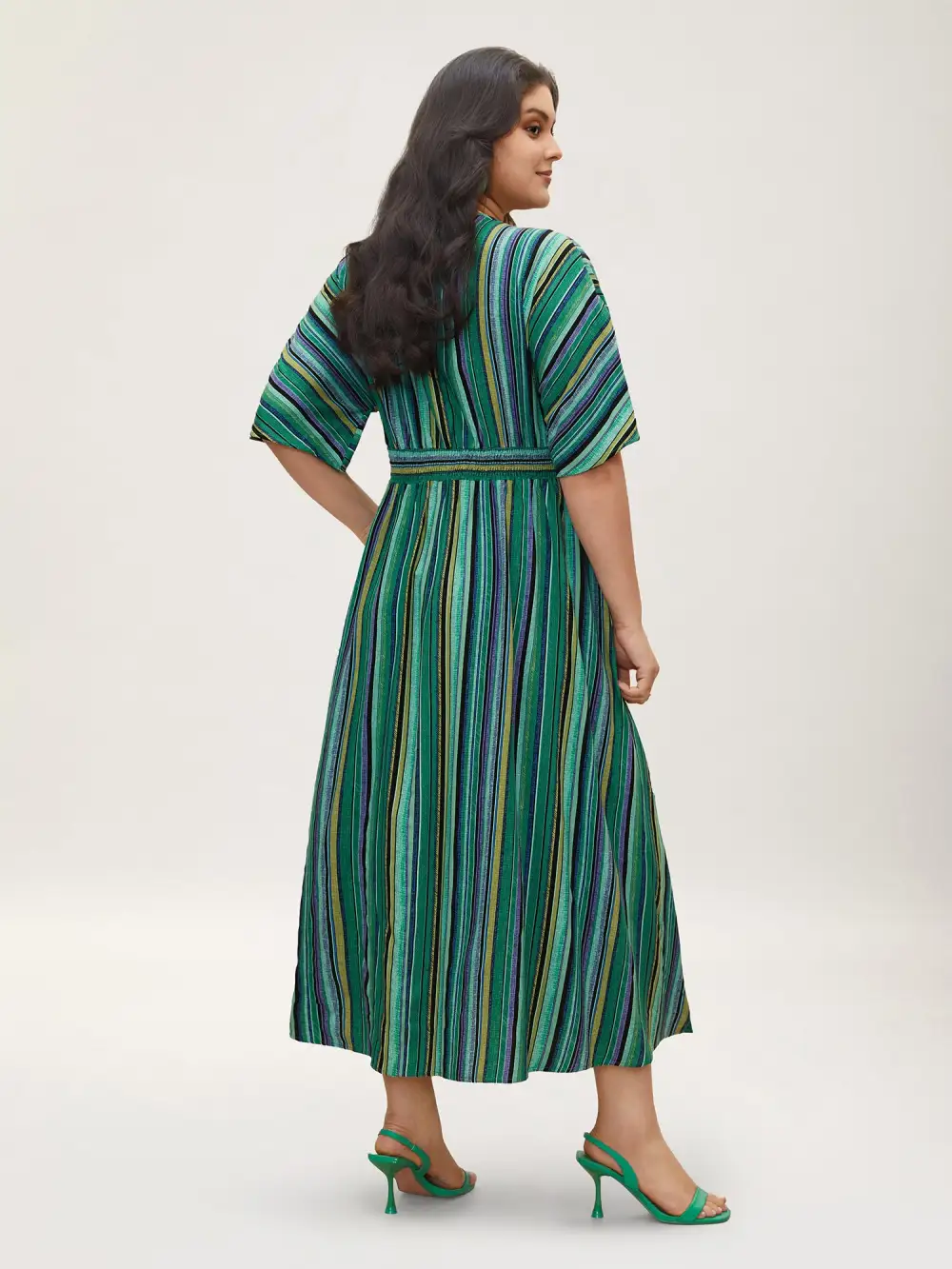 Striped Contrast Dolman Sleeve Shirred Pocket Split Flutter Dress