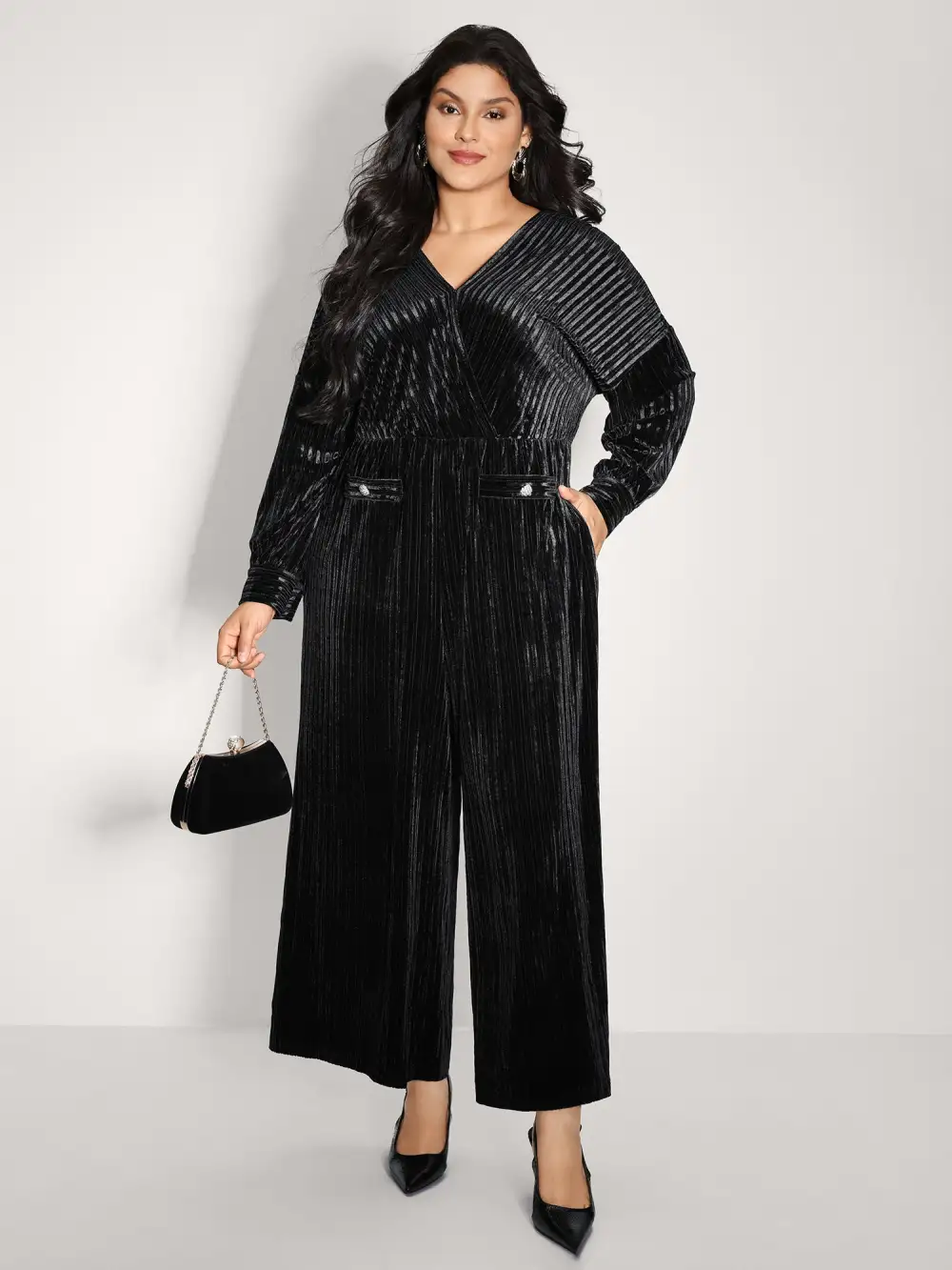 Textured Velvet Sheer Back Pockets Jumpsuit