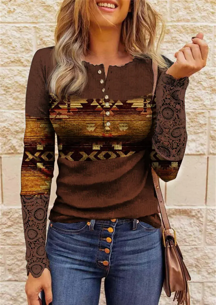 Aztec Geometric Lace Splicing Button Long Sleeve Blouse - Dark Brown