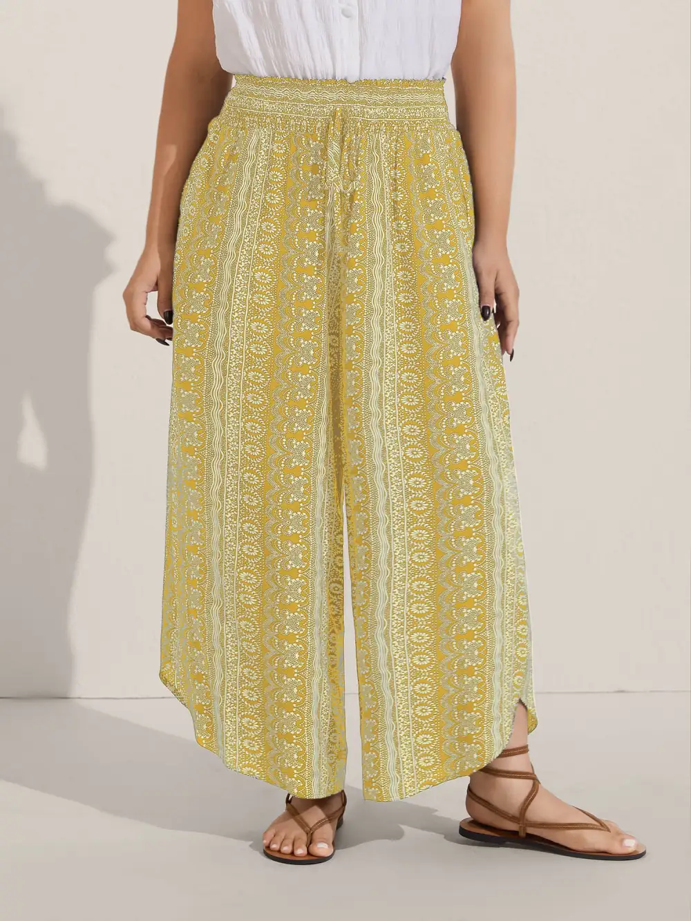 Boho Print Shirred Waist Wide-Leg Pants