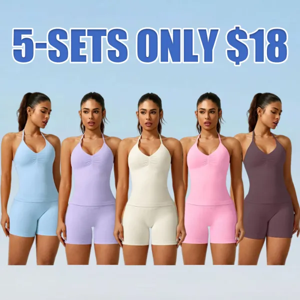 Women's Ruched Backless Halter Top & High Waist Shorts Tracksuit Set